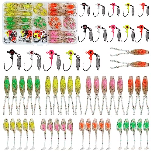 Crappie Lures Jigs Kit, 48/55pcs Crappie Baits Crappie Jig Head Hooks Soft Plastic Fishing Lures Split Paddle Tail Swim Bait for Crappie Fishing Panfish Bluegill Lures - color: 55pcs Crappie Jig Lures Kit