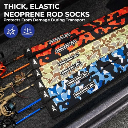 KastKing MeshGuard Camo Neoprene Fishing Rod Socks, Fishing Rod Sleeve, Floating Rod Sleeves, Adjustable Lanyard & Built-in Hanging Loop, Fits Casting, Spinning, and Fly Rods - color: Orange Camo 4 Pcs, style: Spinning