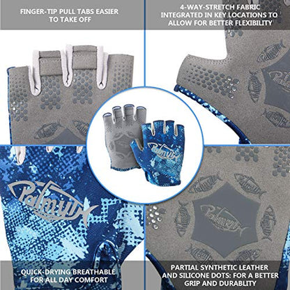 Palmyth Stubby UV Fishing Gloves Sun Protection Fingerless Glove Men Women UPF 50+ SPF for Kayaking, Paddling, Canoeing, Rowing, Driving - color: Blue Camo, size: Large