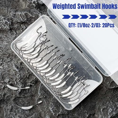 20Pcs Weighted Bass Fishing Hooks Set, Customized Swimbait Hooks Wide Gap Weedless Worm Fish Hook with Molded Bait Keeper 1/0 2/0 3/0 4/0 - size: 1/8oz-2/0
