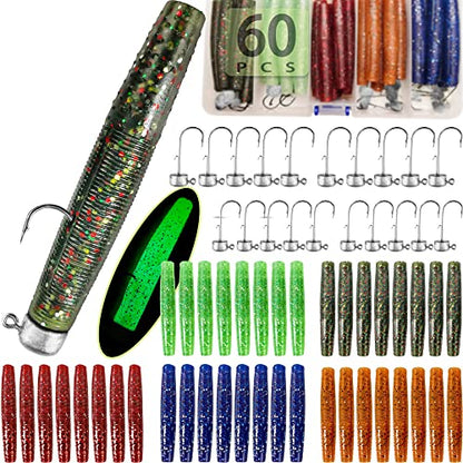 60/25 Pcs Ned Rig Jig Heads Soft Plastic Worms Stick Baits Kit, Mushroom Ned Rigs Jighead Hooks Worm Fishing Lures for Bass Freshwater Saltwater Fishing - color: 60 Pcs Ned Rig Lures