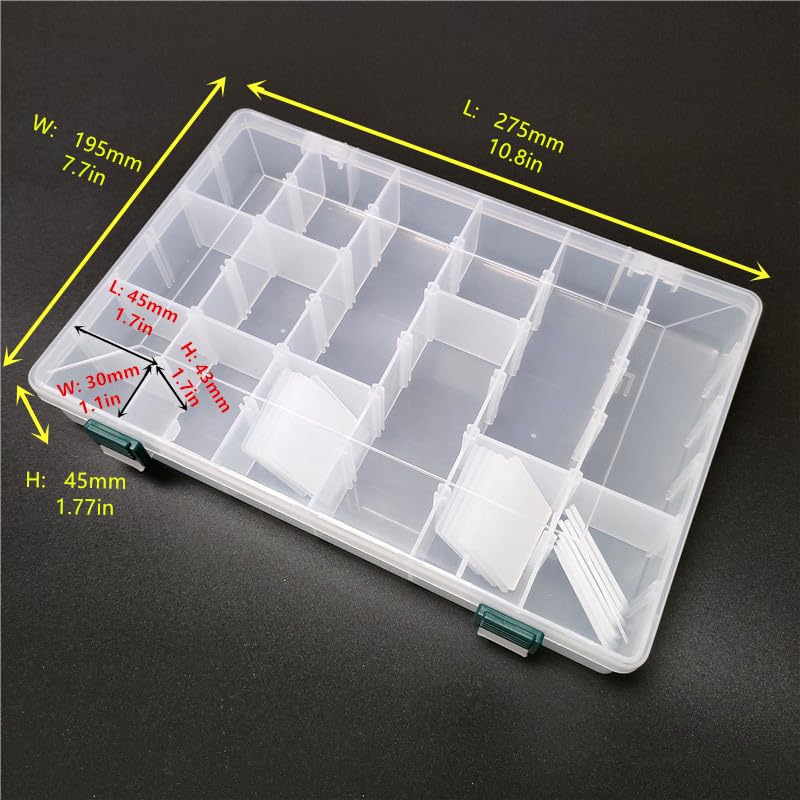 KALAVARMA 36 Grids Clear Plastic Bead Organizer Box, Fishing Tackle Box Compartment Organizer with Adjustable Dividers for Jewelry, Art Craft, Bead Storage Containers with 5 Sheets Label Stickers