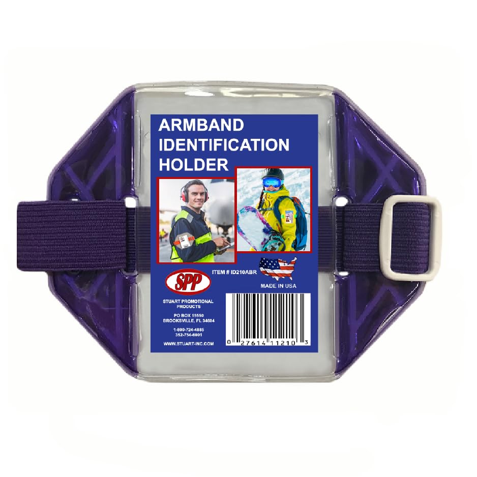Reflective Purple Armband Badge Holder, Purple Stretch Band White Buckle Fits 2 3/4" x 4 1/8" Cards, Top Slit, Made in USA - color: Purple/White, size: 1 Pack