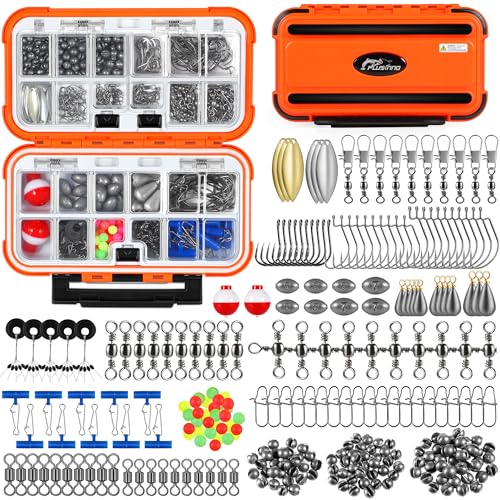 PLUSINNO 253/387pcs Fishing Gear Accessories Kit, Fishing Tackle Box with Tackle Included, Fishing Hooks, Fishing Weights Sinkers, Spinner Blade, Fishing Equipment for Bass Trout Bluegill Crappie - color: 253pcs Fishing Accessories Kit