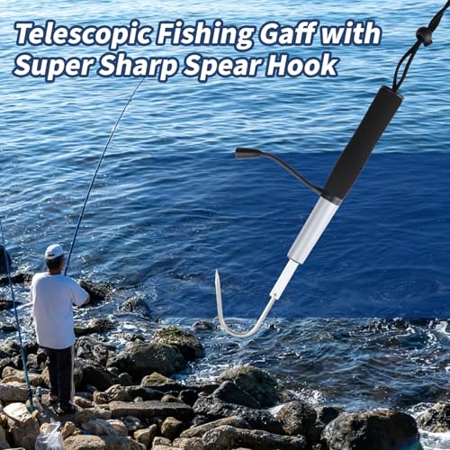 Dnyta Telescopic Fishing Gaff with Super Sharp Spear Hook, Hand Fish Gaff | Retractable Lightweight Aluminium Alloy Pole and Injury Prevention Hand Rubber Hook Caps for Saltwater, Boat, Kayak Fishing