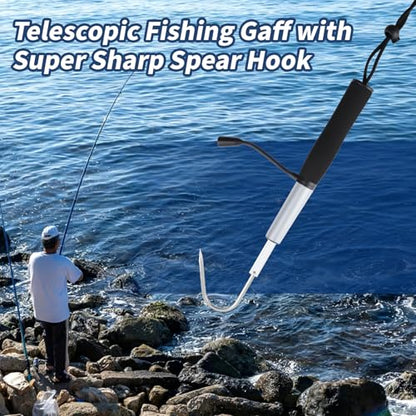 Dnyta Telescopic Fishing Gaff with Super Sharp Spear Hook, Hand Fish Gaff | Retractable Lightweight Aluminium Alloy Pole and Injury Prevention Hand Rubber Hook Caps for Saltwater, Boat, Kayak Fishing