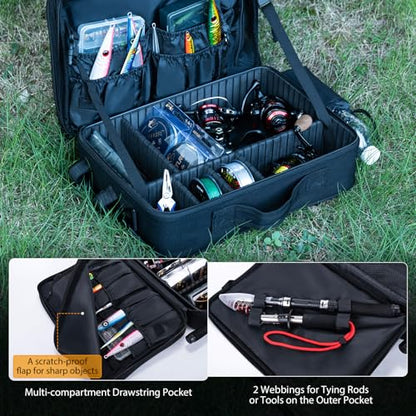 Goture Fishing Reel Case - Hard Shell Storage Bag with Adjustable Dividers | Modular dividers for custom fit 600D water-resistant fabric & EVA padding Integrated rod straps & quick-access pockets