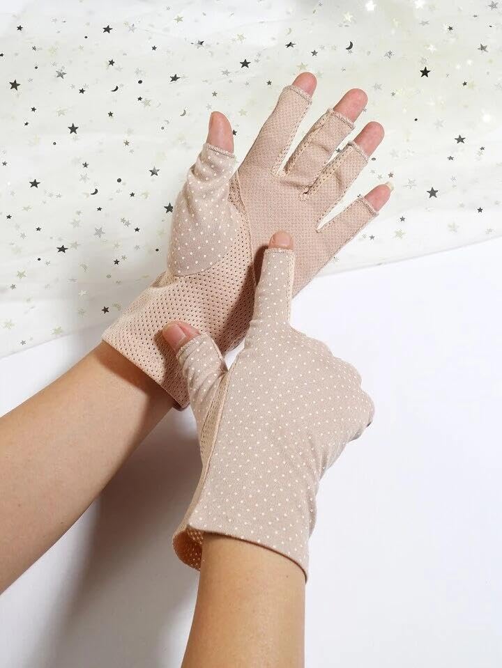 Eohak Women Driving Gloves Sun UV Protection Summer Outdoor Hiking UPF 50+ Glove Touchscreen Half-Finger Glove - color: Beige+grey