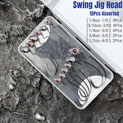 Vivid Fish Eyes Swimbait Jig Heads for Fishing, 15Pcs Swing Bass Jigheads Lifelike Weedless Jig Heads for Ned Rig or Texas Rig 1/8 3/16 1/4 3/8 1/2oz - size: Size Assorted, 15Pcs