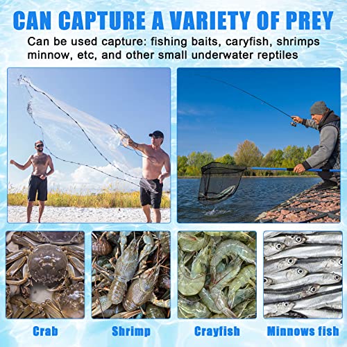 Windyun 3 Pcs Fishing Cast Net with Heavy Duty Sinker Portable Folded Lobster Crab Trap Fishing Net with Long Robust Telescopic Handle Freshwater Saltwater Bait Fishing Accessories - size: 4 Ft
