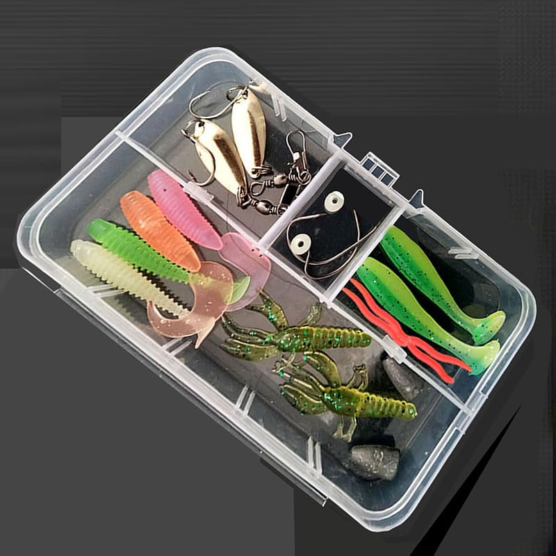23 Pcs Soft Plastic Fishing Lures Kit with Spinner Blades, Offset Hook & Storage Box - Lifelike Silicone Worms, Crayfish, Grubs for Bass Trout Walleye Fishing