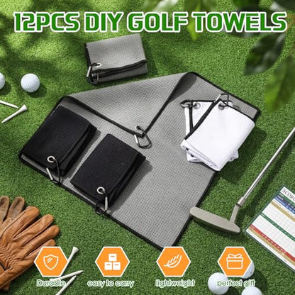 Batiyeer 12 Pcs Golf Towel Bulk for Golf Bags Microfiber Fabric Towel with Clip Waffle Pattern, Fitness, Camping, Hiking, Yoga - color: Black, Grey, White