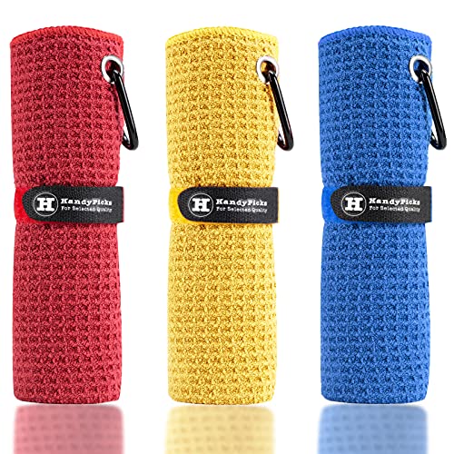 Handy Picks Microfiber Golf Towel (16" X 16") with Carabiner Clip, Waffle Pattern Golf Towel Hook and Loop Fastener - The Convenient Golf Cleaning Towel - color: Red/Blue/Yellow