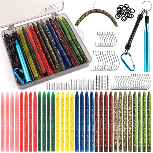 TOPFORT Fishing Lures, Bass Fishing Kit with Wacky Worm, Fishing Worms for Bass Fishing, Soft Plastic Baits with Hooks, Weights, Fishing Accessories, Fishing Gear Fishing Gifts for Men with Tackle Box