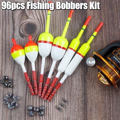 Fishing Bobber Floats Kit 96pcs Slip Bobbers Rig Kit Spring Oval Stick Fishing Floats and Bobbers Fishing Swivels Split Shot Weights for Crappie Catfish Trout Bass Fishing