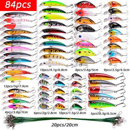 Aorace Fishing Lures Kit Mixed Including Minnow Popper Crank Baits with Hooks for Saltwater Freshwater Trout Bass Salmon Fishing - color: Item-F 84pcs