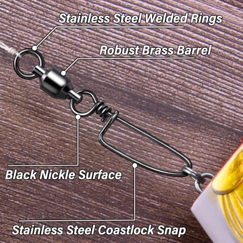 Alwonder 20-Pack Ball Bearing Swivels with Snaps, Fishing Snap Swivels Fishing Tackle Saltwater Freshwater Coastlock Snaps Barrel Swivel Leader Connector Downrigger Planer Release Clips - size: #2-49lb