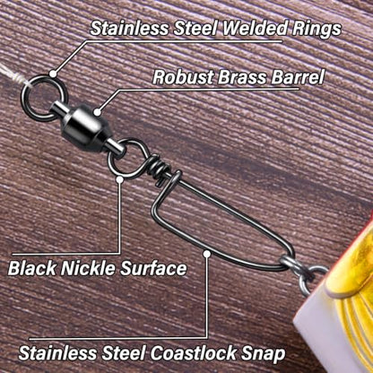 Alwonder 20-Pack Ball Bearing Swivels with Snaps, Fishing Snap Swivels Fishing Tackle Saltwater Freshwater Coastlock Snaps Barrel Swivel Leader Connector Downrigger Planer Release Clips - size: #3-78lb