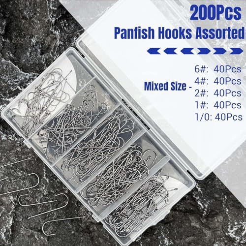 Panfish Fishing Hooks, 200Pcs Aberdeen Hooks 5 Sizes Assorted | Light Wire Crappie Hooks, Straight Shank Live Bait Fishing Freshwater, For Bluegill Small Bass, 6# 4# 2# 1# 1/0