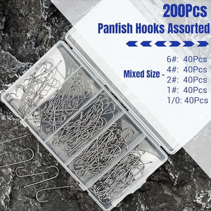 Panfish Fishing Hooks, 200Pcs Aberdeen Hooks 5 Sizes Assorted | Light Wire Crappie Hooks, Straight Shank Live Bait Fishing Freshwater, For Bluegill Small Bass, 6# 4# 2# 1# 1/0