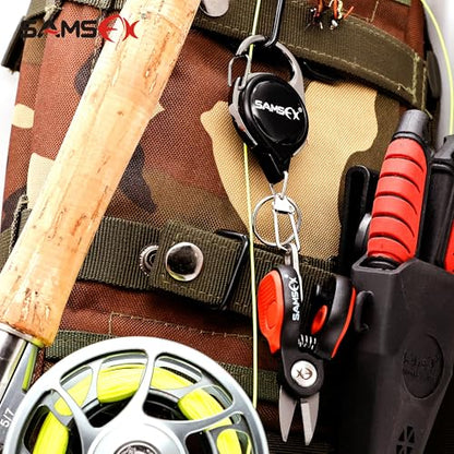 SAMSFX Fishing Nipper with Retractable Tether, Stainless Steel Blades that Cut Braid, Mono and Fluoro Lines, SNIP, Fishing Line Cutters (Red) - color: Red