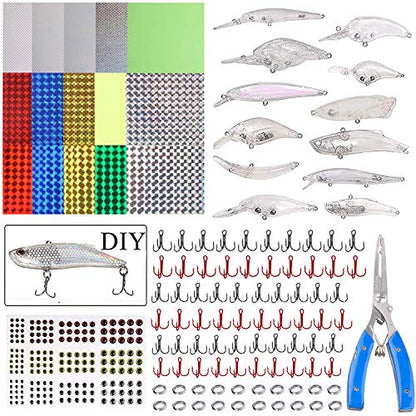Unpainted Fishing Lures Making Kit DIY Crankbaits Minnow Kit - 321/355pcs Blank Hard Bait Lure Set Include Pliers Treble Hook Split Rings Lure Eyes Stickers Making Supplies Make Your Own Fishing Lures - color: 321pcs