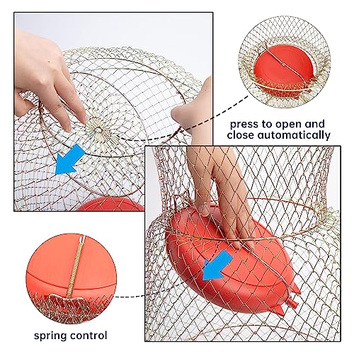 Floating Fish Basket, Sturdy Stainless Steel Collapsible Fishing Net Cage with Spring Door, Portable Foldable Round Metal Fish Trap for Shrimp Crab Trout Outdoor Fishing