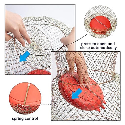 Floating Fish Basket, Sturdy Stainless Steel Collapsible Fishing Net Cage with Spring Door, Portable Foldable Round Metal Fish Trap for Shrimp Crab Trout Outdoor Fishing
