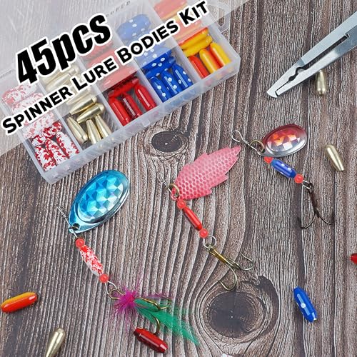 Fishing Spinner Lure Bodies Kit,45PCS Fishing Sinker Weights Brass Painted Spinner Lure Body Brass Fishing Beads Bullet Slip Sinker DIY Inline Spinner Bait Making Supplies Parts