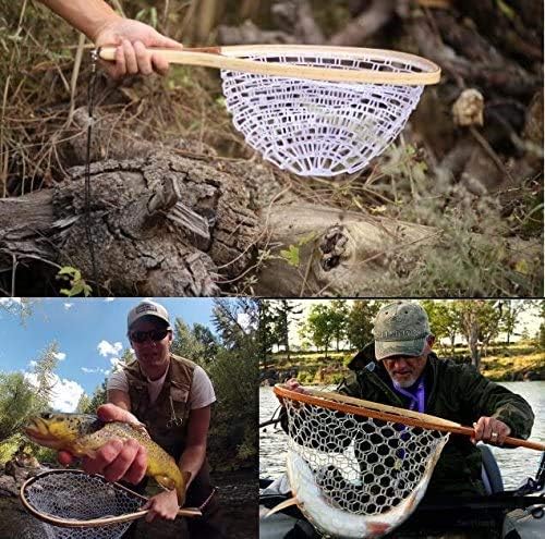 Fishing Landing Net Soft Rubber Mesh Trout Net Catch and Release Net with Wooden Handle Frame, Flying Fishing Hoop 42 x 24.8 x 25(cm)