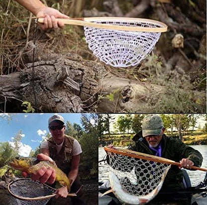 Fishing Landing Net Soft Rubber Mesh Trout Net Catch and Release Net with Wooden Handle Frame, Flying Fishing Hoop 42 x 24.8 x 25(cm)