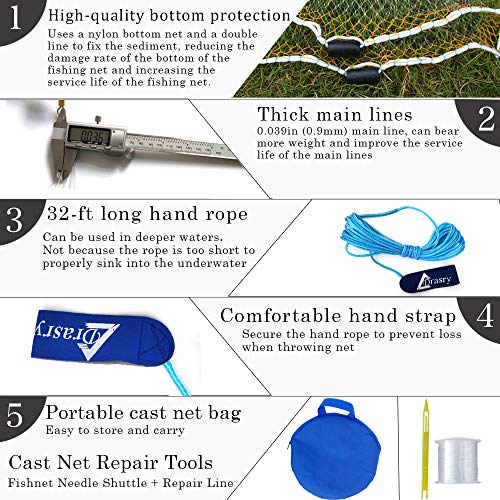 Drasry Saltwater Fishing Cast Net for Bait 3/8 1/4 or 1/2 with Heavy Sinkers Fish Trap Throw Net. Size 3ft/4ft/5ft/6ft/7ft/8ft/9ft/10ft Radius Freshwater Nets - size: 9FT (270cm) Radius, style: Pvc-0.3mm Mono 3/8mesh