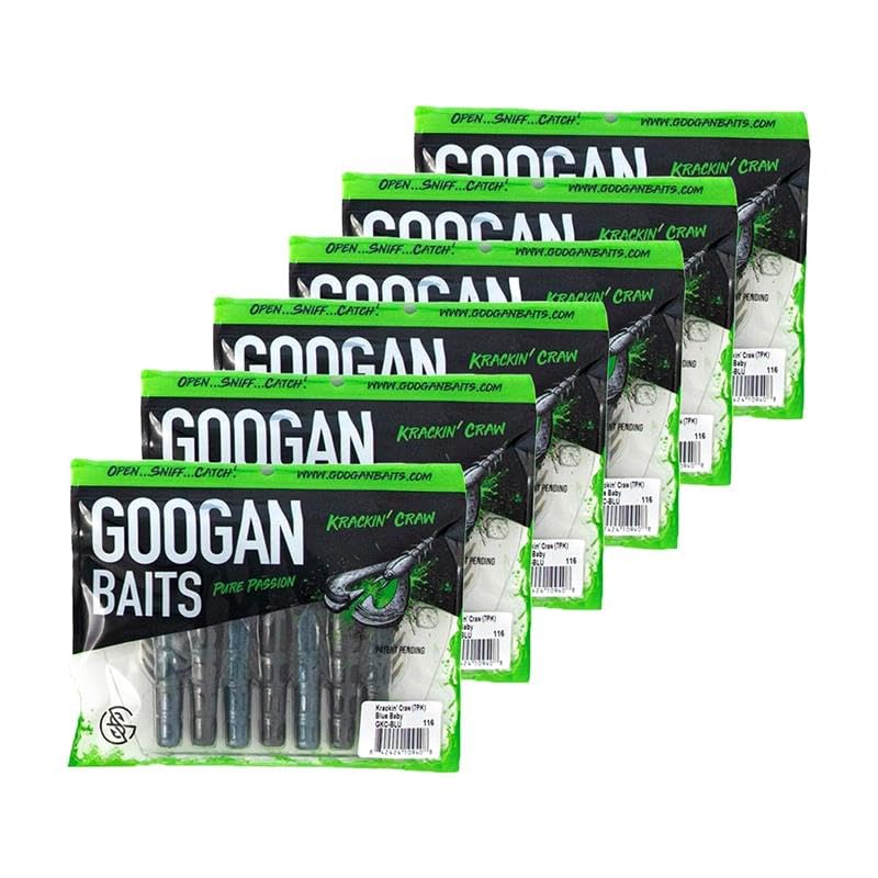Googan Squad Krackin' Craw Soft Plastic Crawfish Bait for Bass Fishing – Patented V-Ridge Claws, Salt-Injected, Slaunch Sauce Scent (6pk) - color: Black Blue Flake, size: 4"