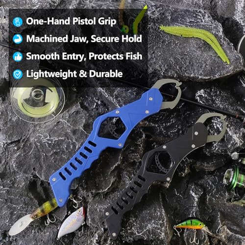 Eupheng Aluminum Pistol-Grip Fish Lip Gripper, One-Hand Operation Lightweight Fish Grabber Tool, Catfish Grippers Pliers for Lure Fishing and Kayak Fishing Accessories - color: Blue