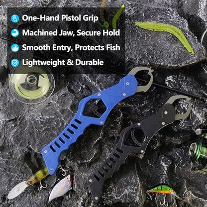 Eupheng Aluminum Pistol-Grip Fish Lip Gripper, One-Hand Operation Lightweight Fish Grabber Tool, Catfish Grippers Pliers for Lure Fishing and Kayak Fishing Accessories - color: Blue