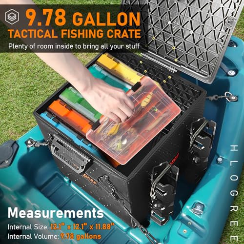 HLOGREE FlexCrate Kayak Fishing Crate with 4 Rod Holders (Assembly Needed),13''x13''x13'' Compact Kayak Tackle Storage Box & Gear Organizer for Kayaks,with Lockable Lid - Black,DIY & Lightweight