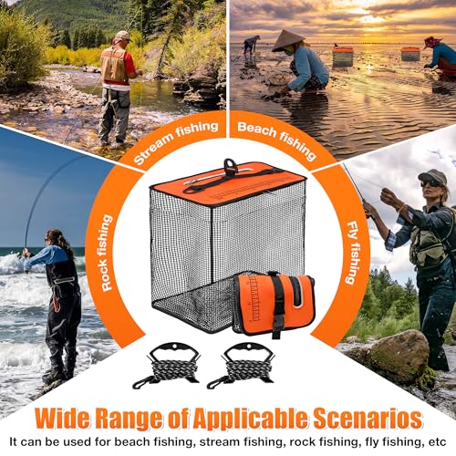 Loyala Floating Fishing Basket, 5Gallons/13 Gallons 2 Pcs Collapsible Fishing Net Cage with 20Ft Anti Slip Rope for Caughting Fish Beach Fishing Stream Fishing Rock Fishing Fly Fishing - color: Orange