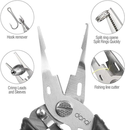 DONQL Fishing Pliers, Stainless Steel Fish Hook Remover Tool, Fishing Split Ring Pliers, Line Cutter Crimper, Fishing Gear for Saltwater Freshwater with Lanyard Sheath