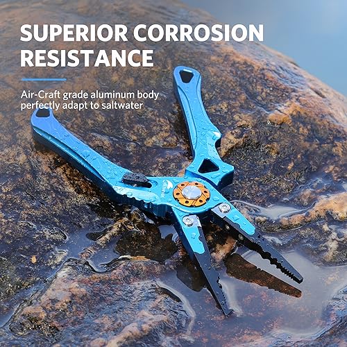 Saltwater Fishing Pliers, Split Ring Pliers for Fishing with Safety Lock, Fish Pliers with Sheath and Lanyard, Fishing Gifts for Men - color: A-blue