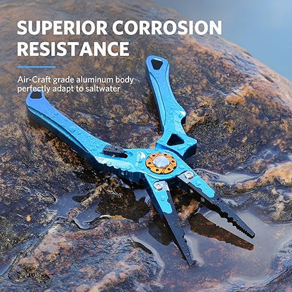Saltwater Fishing Pliers, Split Ring Pliers for Fishing with Safety Lock, Fish Pliers with Sheath and Lanyard, Fishing Gifts for Men - color: A-blue