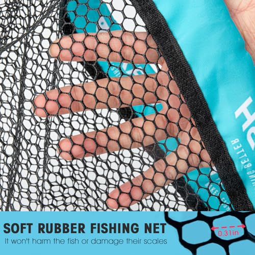 THKFISH Fly Fishing Landing Net, Foldable Landing Trout Net with ABS Handle,Rubber Coated Mesh Trout Net with Tackle Bag for Trout Bass Catch and Release, Portable Fly Fishing Gear,M/L - size: L-BLUE