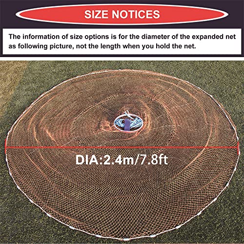Cast Fishing Net with Aluminum Frame, 0.8 inch Mesh, 7.8-13.8 ft Diameter - color: Brown Braided Fishing Line, size: Dia: 7.8FT (metal sinker)