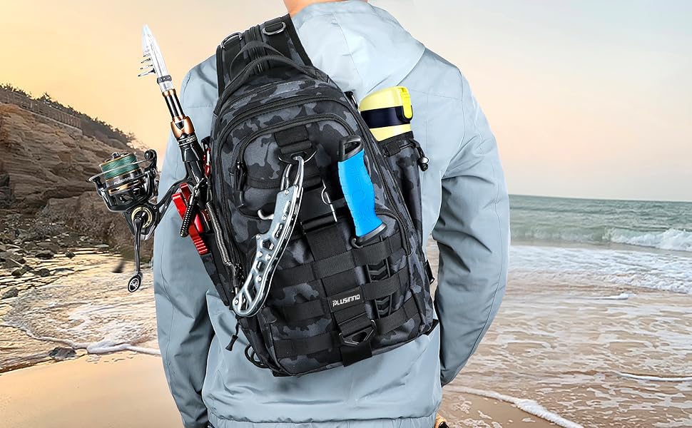 PLUSINNO Fishing Backpack with Tackle Boxes, Waterproof Fishing Sling Tackle Bag For Gear With Rod Holder, Gifts for Men.
