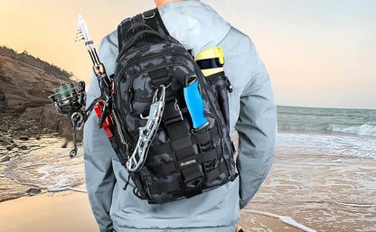 PLUSINNO Fishing Backpack with Tackle Boxes, Waterproof Fishing Sling Tackle Bag For Gear With Rod Holder, Gifts for Men.