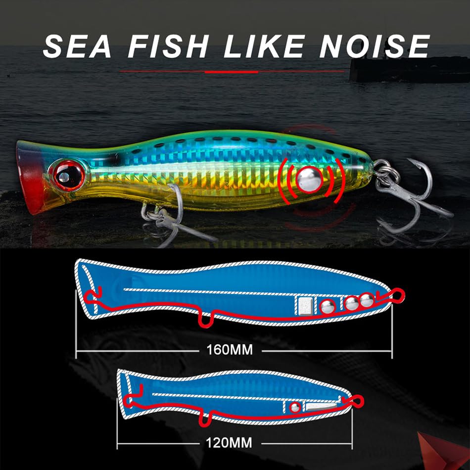 Saltwater Popper Lure Topwater Popper Lure Saltwater, Fishing Accessories for Saltwater Surface Casting and Freshwater Surface Fishing, Large Predator Fish - color: Red Head