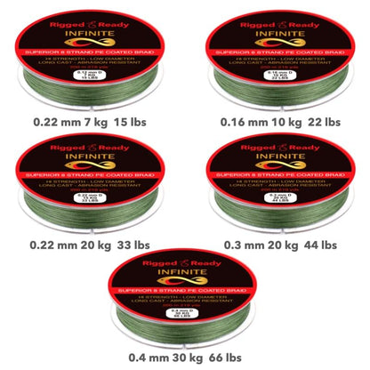 Rigged and Ready Infinite Hi-Performance Fishing Braid 10 to 66lb 4.5 to 30kg PE Coated Line 200m Braided 8 Strand Low Diam No Stretch Long Cast Abrasion Resistant Fast Sink River Lake Sea Fishing