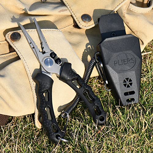 TRUSCEND Fishing Pliers with High Tungsten Carbide Cutter, Innovative Ergonomic Handy Handle, Saltwater Corrosion Resistant Teflon Coated Fishing Tool, Super Light Multi-Function Fishing Gear - color: E-black