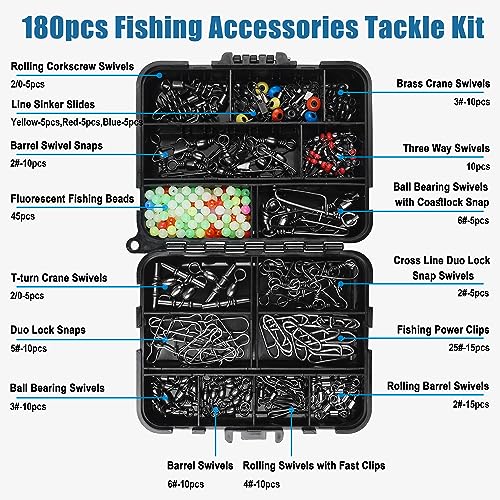 SILANON Fishing Swivels Tackle Kit, 174pcs Include Barrel Swivels,Sinker Slides,3 Way Swivels,Duo Lock Snaps,Barrel Snap Swivels Fishing Tackle Box Set for Bass Trout Saltwater Freshwater - style: 180pcs Kit