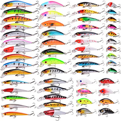 Aorace Fishing Lures Kit Mixed Including Minnow Popper Crank Baits with Hooks for Saltwater Freshwater Trout Bass Salmon Fishing - color: Item-E 56pcs