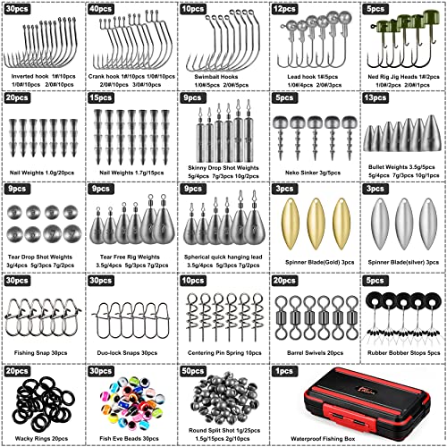 PLUSINNO 253/387pcs Fishing Gear Accessories Kit, Fishing Tackle Box with Tackle Included, Fishing Hooks, Fishing Weights Sinkers, Spinner Blade, Fishing Equipment for Bass Trout Bluegill Crappie - color: 387pcs Fishing Accessories Kit
